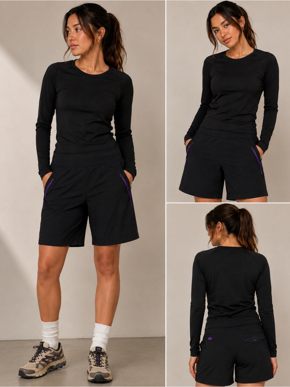 MEC Black Women's Athletic Shorts with Purple Trim